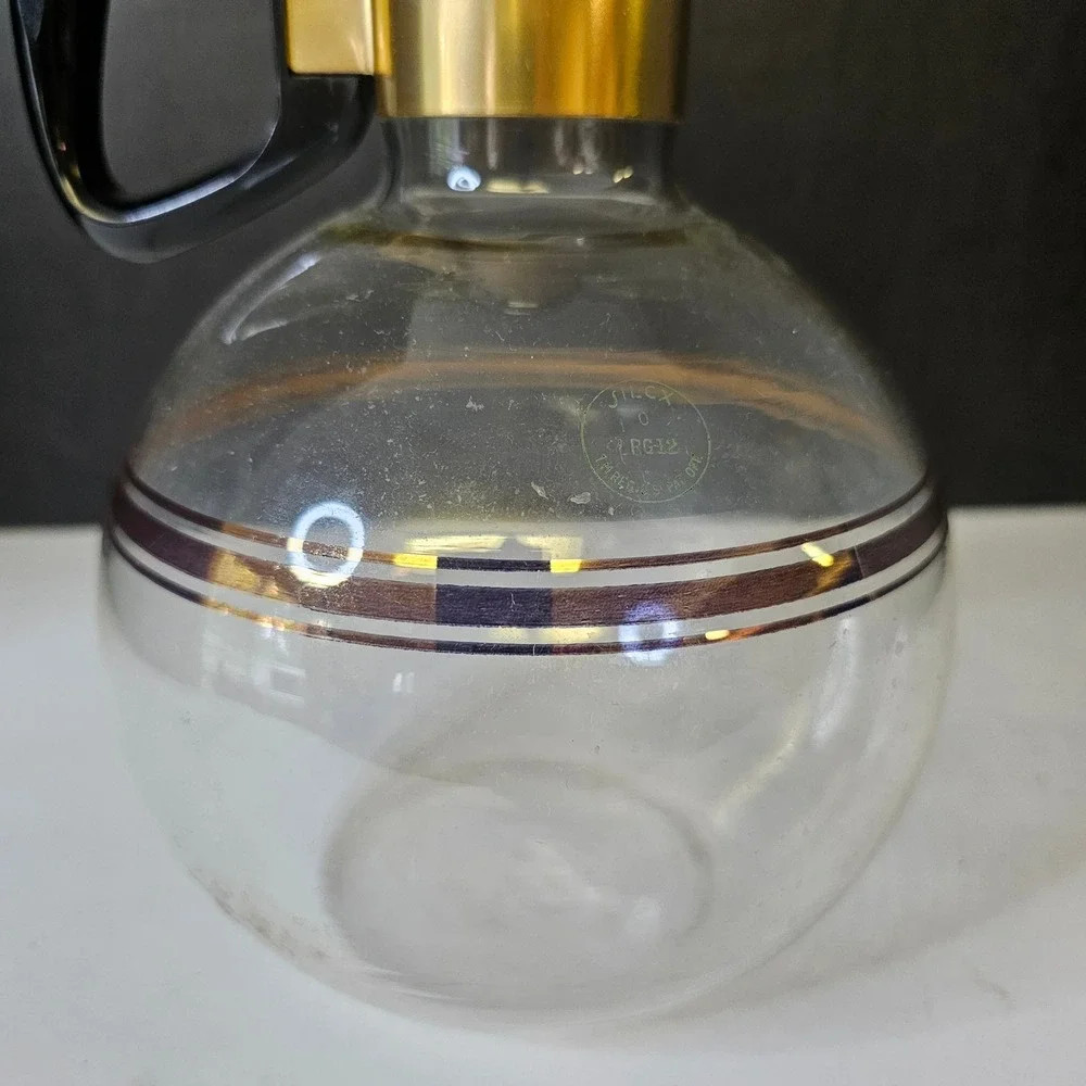 Vintage Silex Pyrex Glass Coffee Carafe Gold Tone Band Black Mid Century Modern